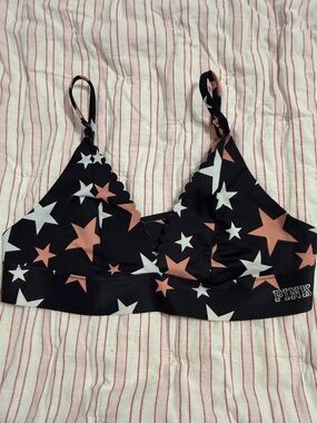 PINK Victoria's Secret Black Bralette with Pink and White Stars large